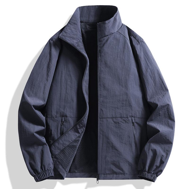 Herren Khaki Leichter Windbreaker Stehkragen Atmungsaktiv Outdoor Jacke Reißverschluss