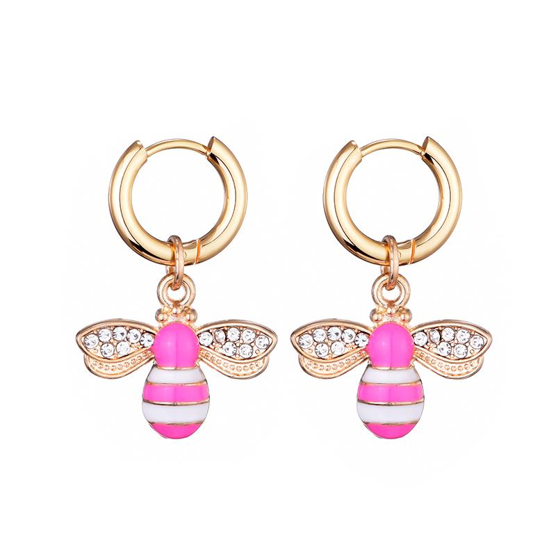 

Cute Enamel Rhinestone Bee Pendant Hoop Earrings For Women Girls Stainless Steel Ear Buckle Gold Color Insect Charm Drop Zircon
