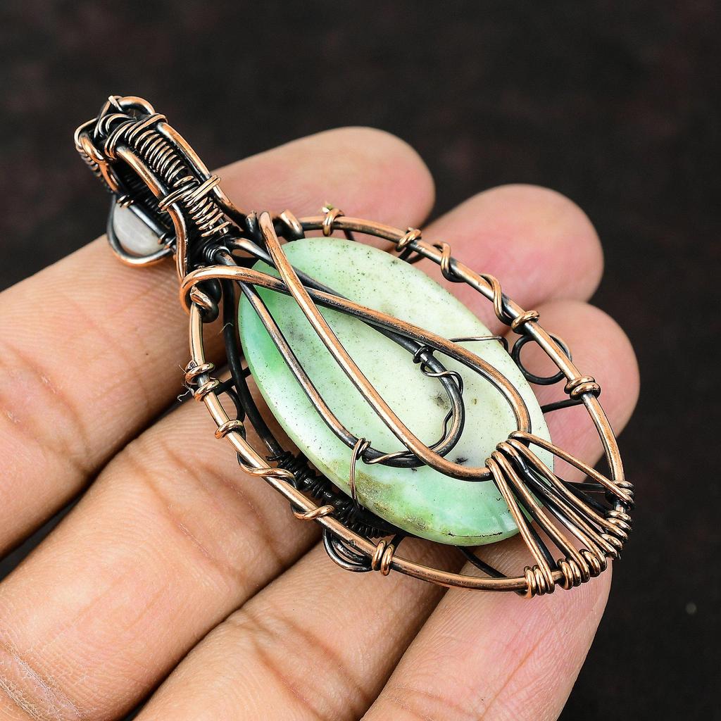 Evil Eye Chrysoprase Copper Pendant Copper Wire Wrapped Jewelry Gemstone Jewelry Rainbow Moonstone Jewelry Evil Eye Jewelry Birthday Gift