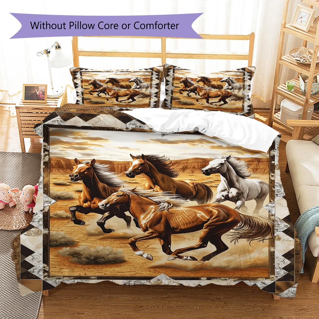 Horses Painting Pattern Bedding Quilt Set Quilt Cover Pillowcase Home Decoration Birthday Gift (1 * Duvet Cover + 2 * Pillowcase, Without Core)