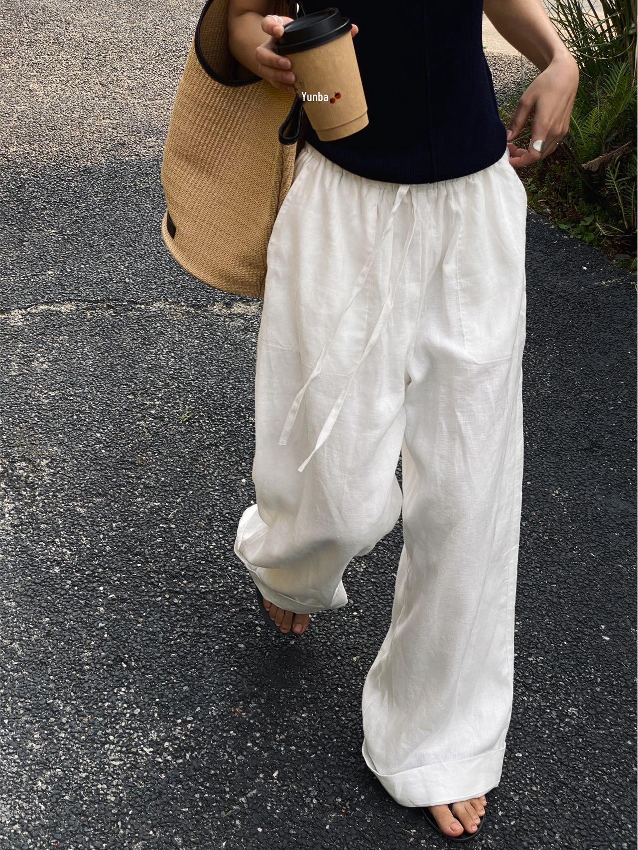 2025 Summer Women s White High-Waisted Wide-Leg Cotton-Linen Trousers XL