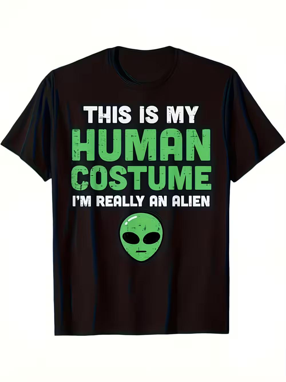 Men S Funny Alien Costume T-Shirt | This Is My Human Costume Slogan with Black & Green Alien Print M