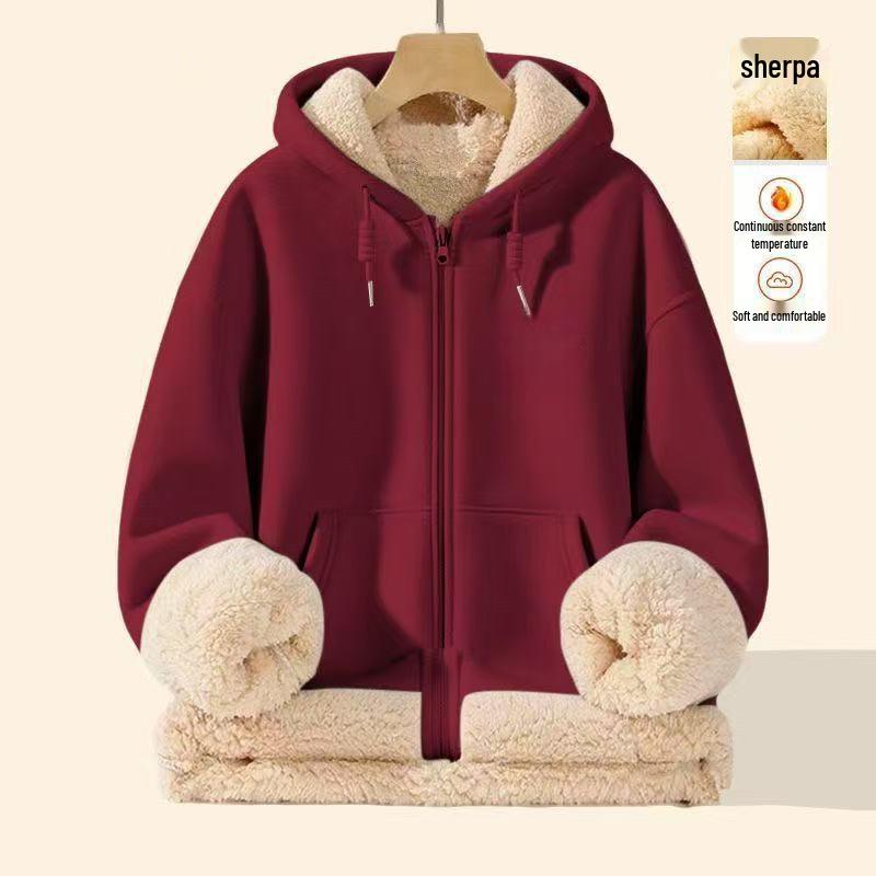 Men's Trendy Fleece-Lined Lambswool Hoodie Jacket with Zipper