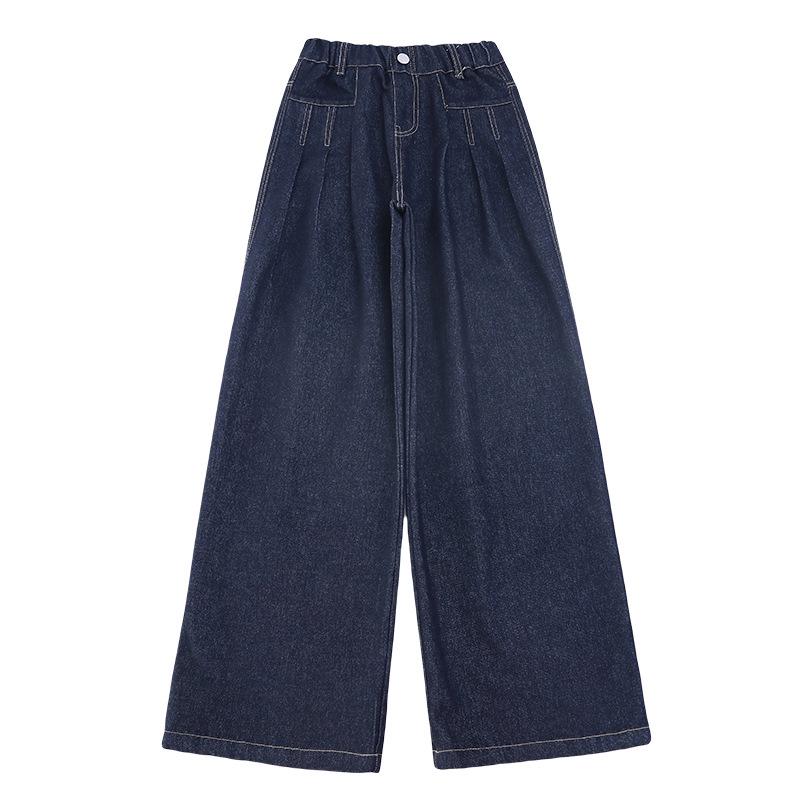 2025 Mädchen Dunkelblaue Weitbeinige Jeans mit Fleecefutter - Stilvolle Herbst-/Winterhose für Mittelschülerinnen