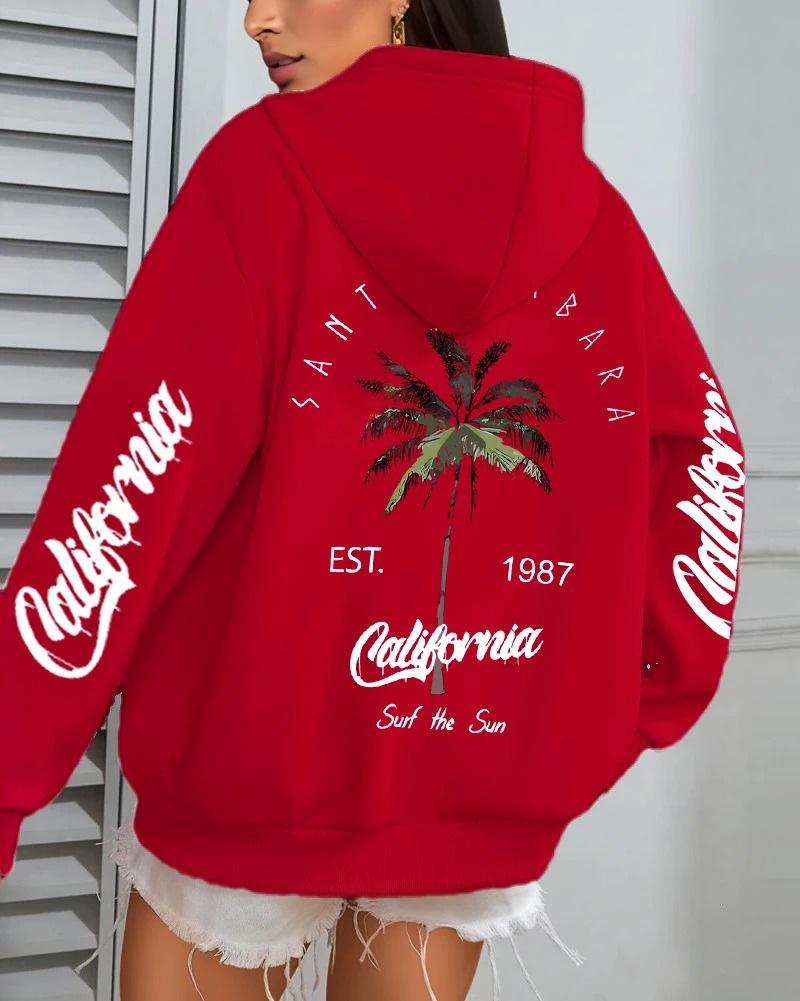 Women's Coconut Tree Print Casual Fleece Hoodie with Pockets