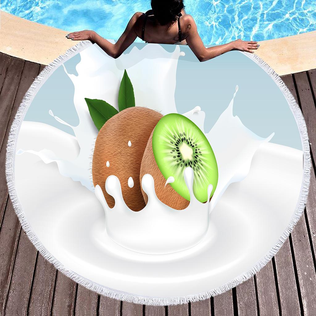 Tropical Fruit Green Kiwi Round Beach Towel Microfiber Soft Beach Blanket Quick Dry Sand Free Multi-Purpose Circle Bath Towel