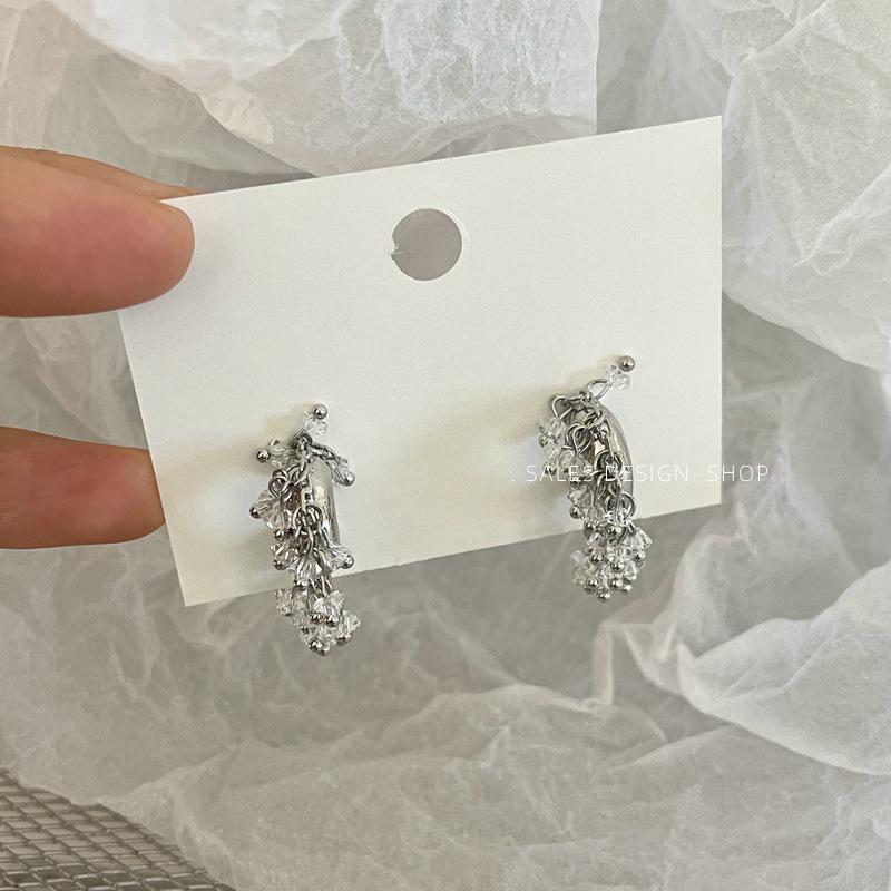 Korean Transparent Crystal Beaded Tassel Hoop Earrings for Women