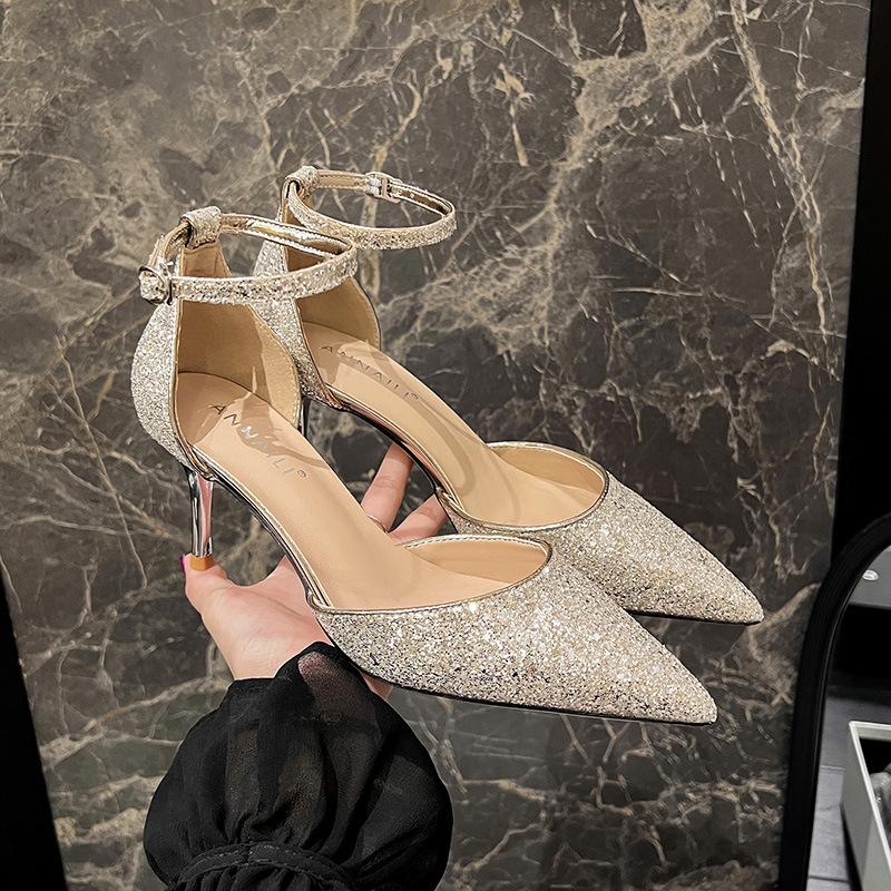 Sandali Peep Toe Bianchi a Punta con Tacco Alto, Cinturini Glitterati e Design Svuotato per Matrimonio e Damigella d'Onore