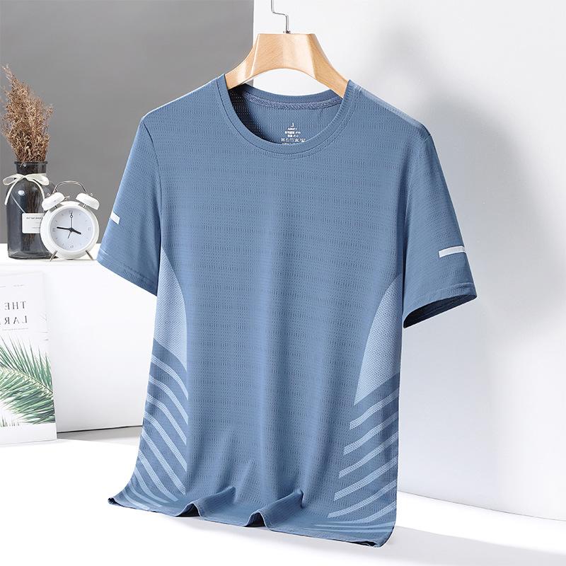 Tricou cu mânecă scurtă, rece și respirabil, pentru bărbați, de vară, din mătase de gheață, cu gât rotund, tricou casual