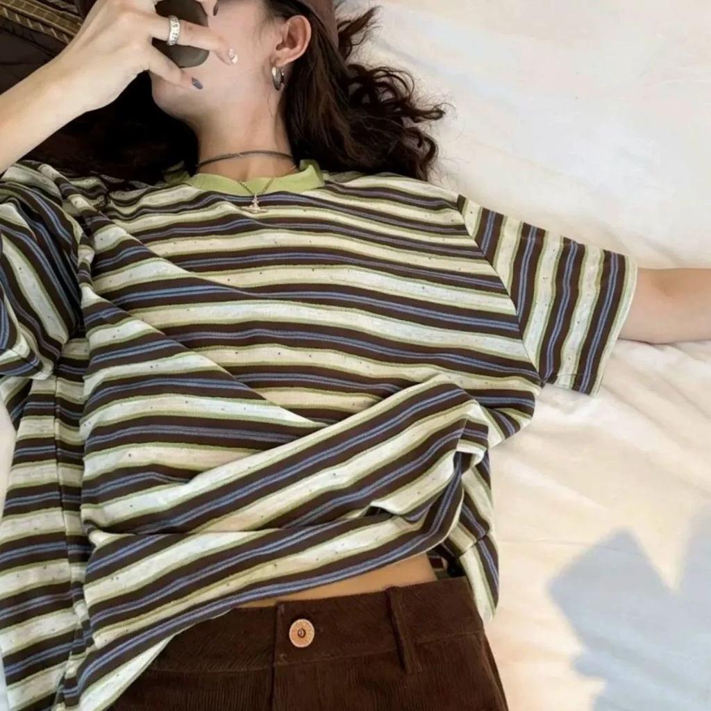 Korean lazy striped contrasting color short-sleeved T-shirt women's summer new loose niche casual retro relaxation top