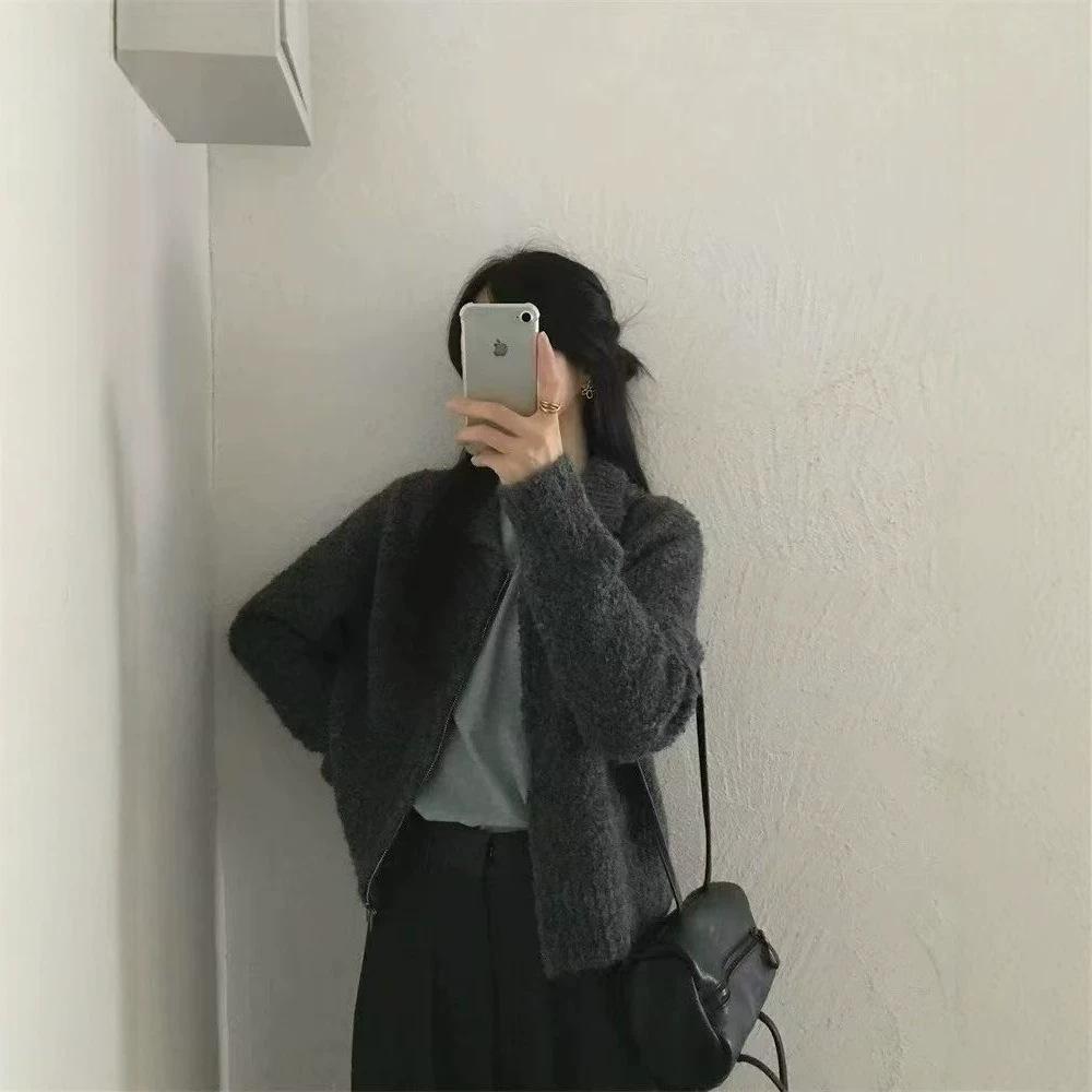 Korean lapel double zipper loop yarn knitted cardigan for women's autumn and winter new loose soft waxy sweater jacket for women