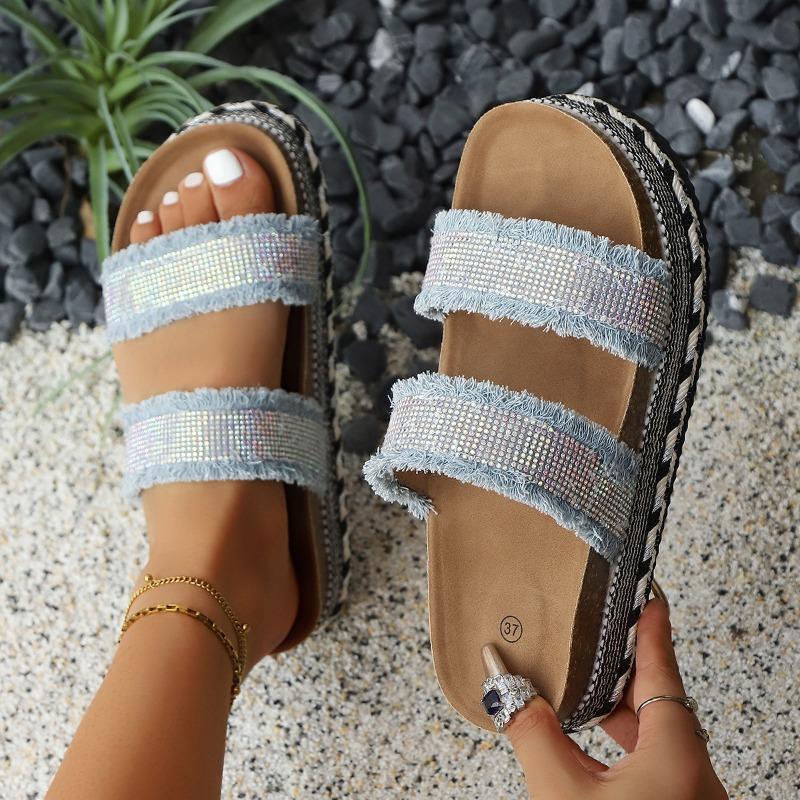 

Women’s Double Strap Cork Platform Sandals with Rhinestone Buckles, Thick Sole, Summer Casual Wear 43