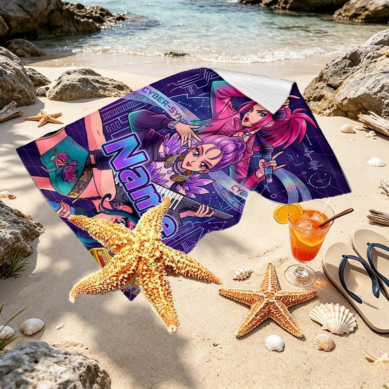 Custom Name Personalized Kpop Demon Hunter Print Beach Towel, for Trip Camping Beach Party Home Decor, Birthday Gift for Family & Friends