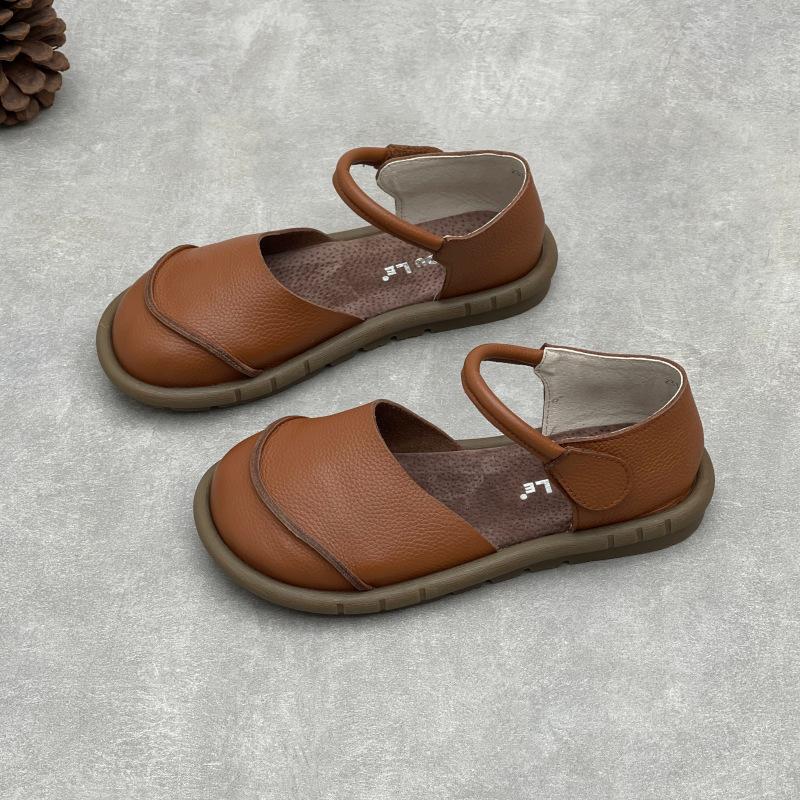 Johnature Sandálias rasteiras retrô artesanais de couro genuíno, casuais, versáteis, confortáveis, sola macia, sapatos femininos