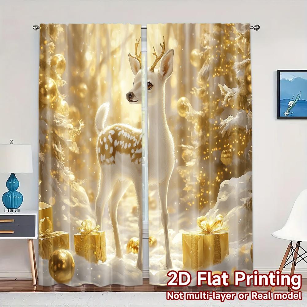 2pcs,Curtains Cute Deer Christmas Gift (2) Chic Light Filtering Curtains Machine Washable Fabric Curtains Decorations For Home