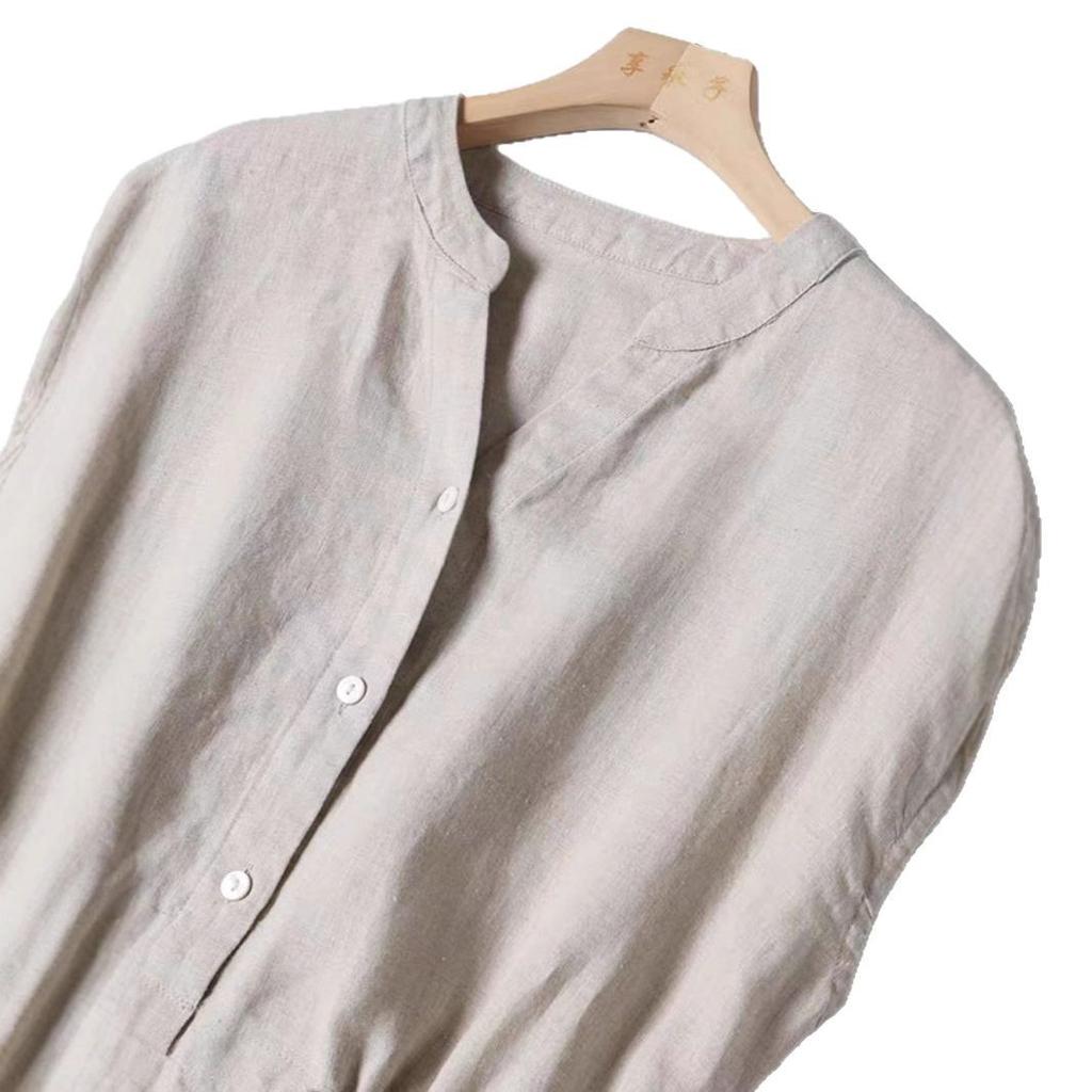Sommer 2025 einfarbiges Baumwoll-Leinen-Kurzarmkleid im rustikalen Stil für Damen, Retro, einfarbig, V-Ausschnitt, mittel- bis lang