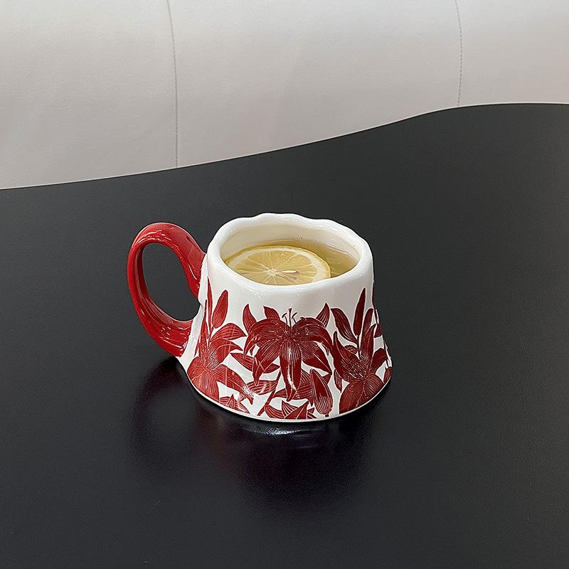 

Chinese Retro Orchid Ceramic Cups Creative Light Luxury Home Office Afternoon Tea Large Capacity Special-shaped Coffee Cup 350ml червоний