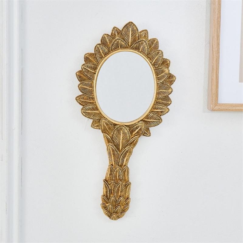 Golden Leaf Embossing Frame Wall Mirror Decorative Oval Handheld Mirror with Handle, Resin Accent Piece for Bedroom Vanity Hallway and Study Decors