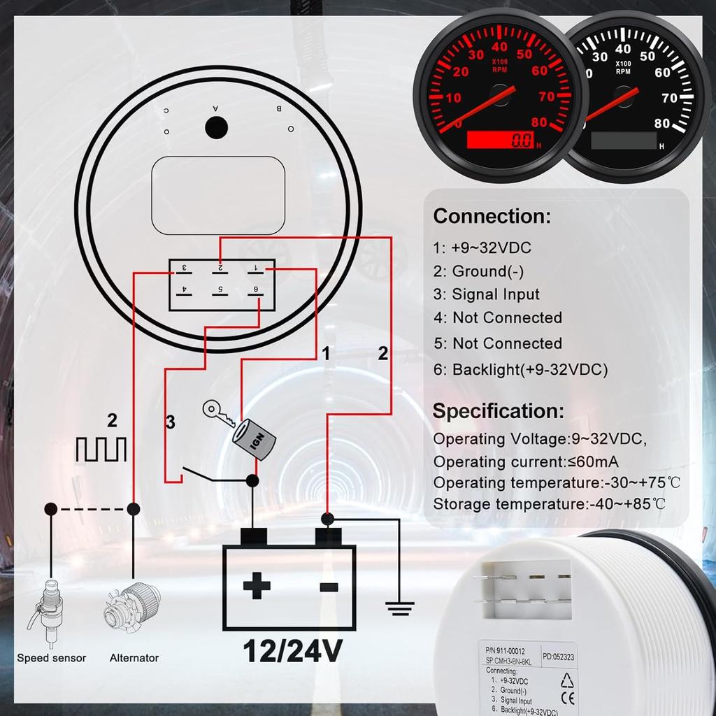 Geloo 85MM Boots Drehzahlmesser - Wasserdichter Außenbord-Drehzahlmesser 0-8000 U/min Tacho Meter für Auto LKW Marine Diesel Benzinmotor U/min Tacho Anzeige