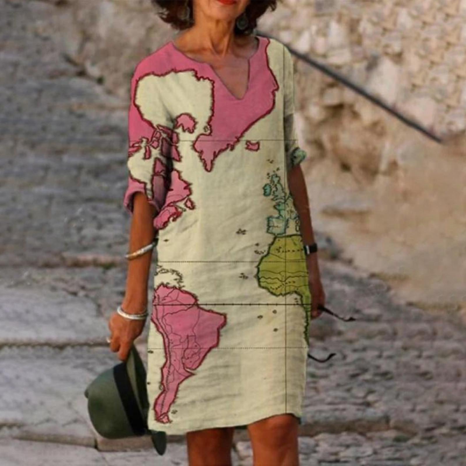 

Women s Fashion Casual Map Print V-neck Mid-sleeve Stitching Loose Waist Straight Dress XL рожевий