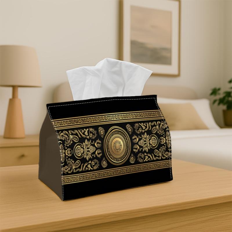 1pc Ornamental Border Art- Black Golden Ornament, Rectangular Tissue Box, Kitchen Table Layout, Convenient And Easy to Clean, a Daily Desktop Tissue S