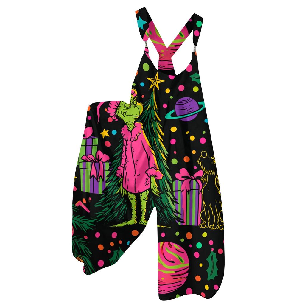 Women's Retro Casual Overalls with Novelty Print and Non-Adjustable Shoulder Straps