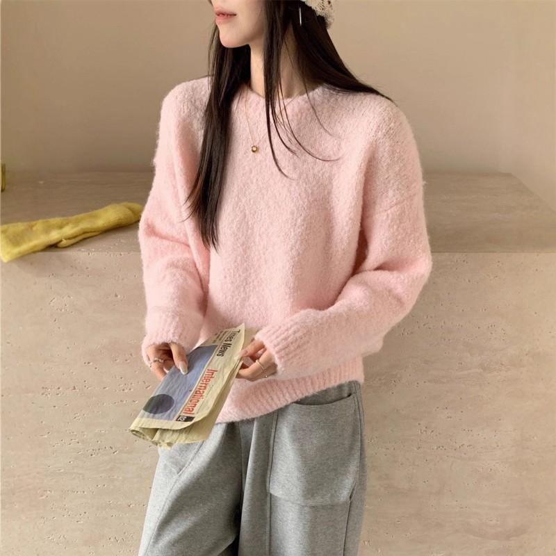 Soft Fuzzy Loop Yarn Knit Sweater Women Loose Fit Round Neck Long Sleeve Winter Warm Cozy Pullover