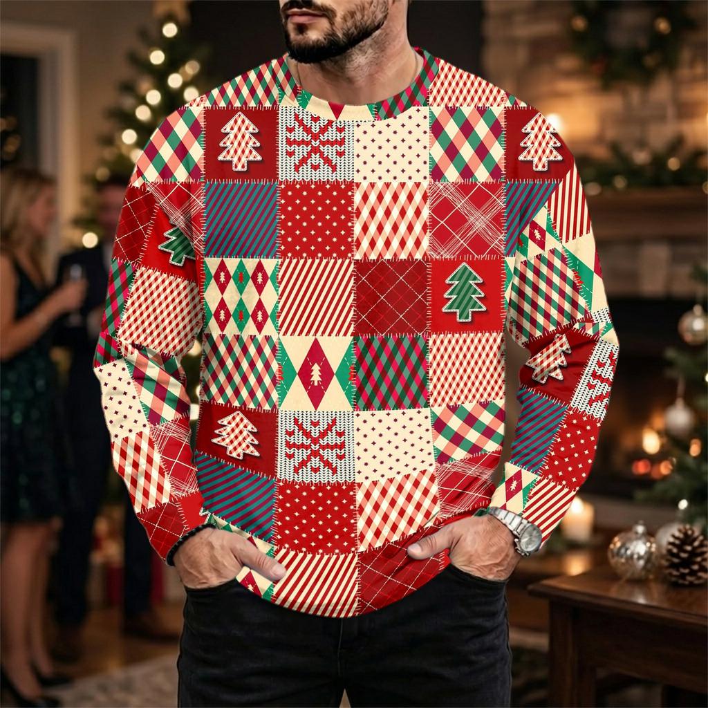 Men's Casual Loose Fit Neck Long Sleeve Top with Christmas Print, Winter Base Layer