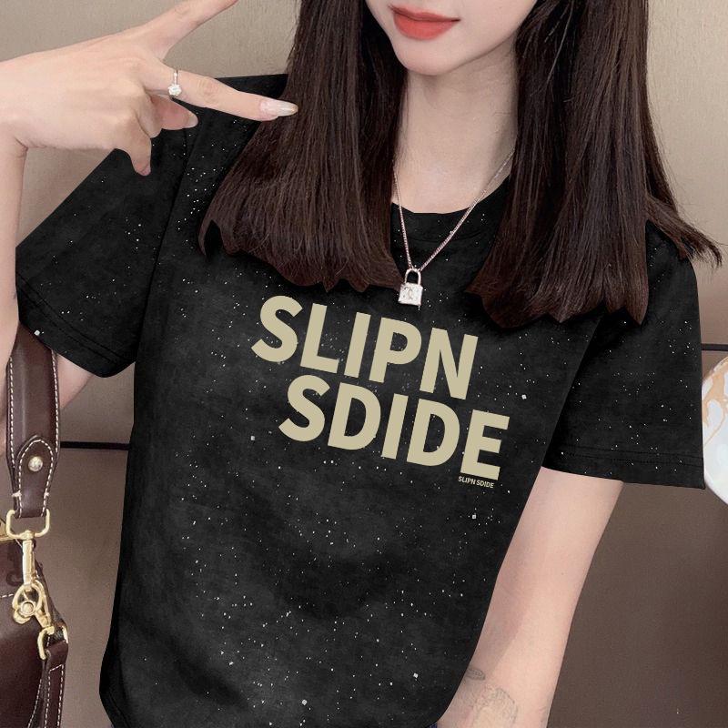 

Женская летняя футболка облегающего кроя с принтом из пайеток - Высококачественный модный топ для миниатюрных L (100-115 lbs) чёрный