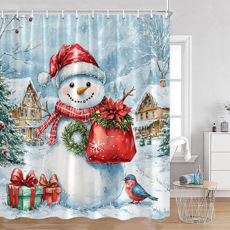 Cute Snowman Christmas Shower Curtain Winter Forest Xmas Trees Snow Lights New Year Home Bathroom Decor Bath Curtains With Hooks