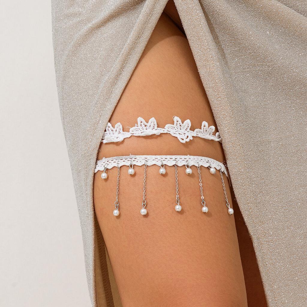 IngeSight.Z Charming Sexy White Lace Leg Chain Thigh Woman Trendy Imitation Pearl Tassels Charm Leg Strap Body Accessories