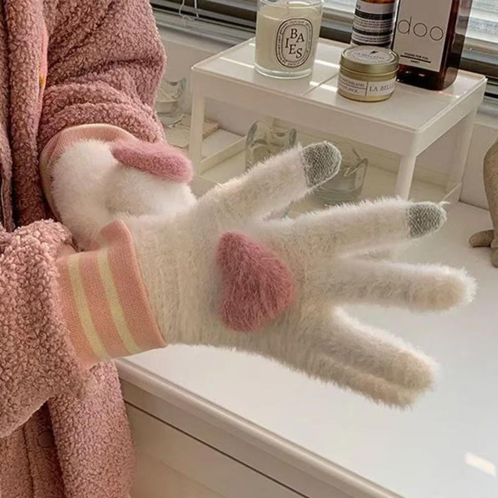 Plush warm gloves love winter plus velvet cute finger touch screen to prevent cold student girls princess style, suitable for cy