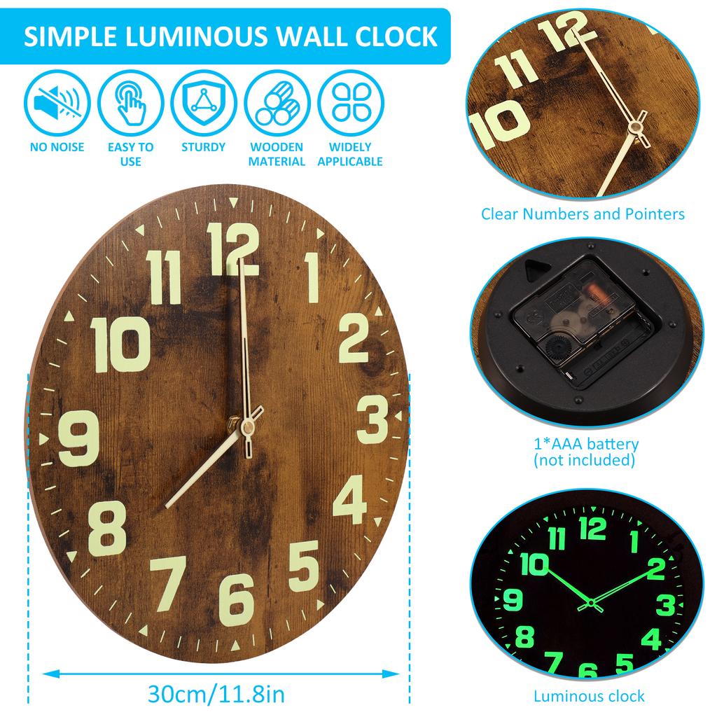 Luminous Wall Clocks Wooden Glow In The Dark Clock 12 In Silent Non-Ticking Lighted Wall Clock for Office Living Room Home Decor