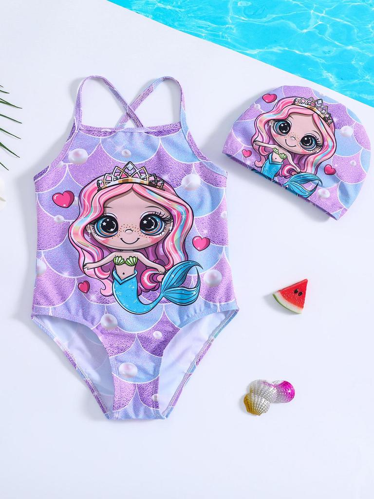 Exclusive Mermaid Print Halter Swimsuit for Baby Girls