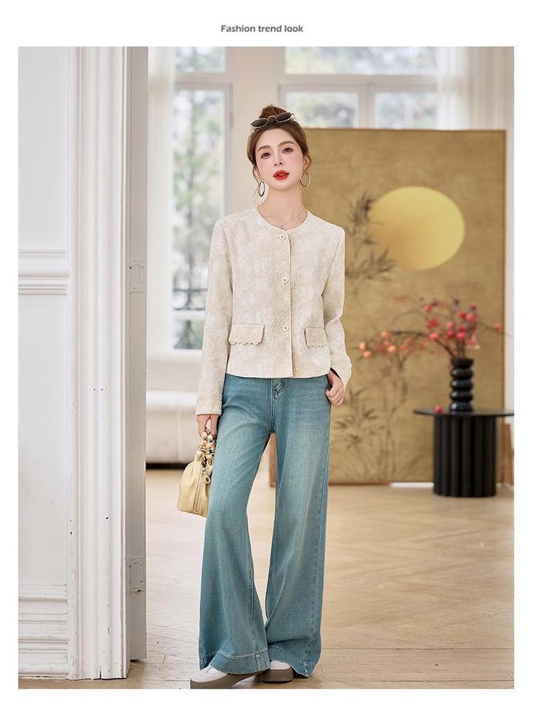 Women's 2025 Spring/Autumn Embroidered Jacquard Lace Round Neck Jacket YL717 - New Chinese Style