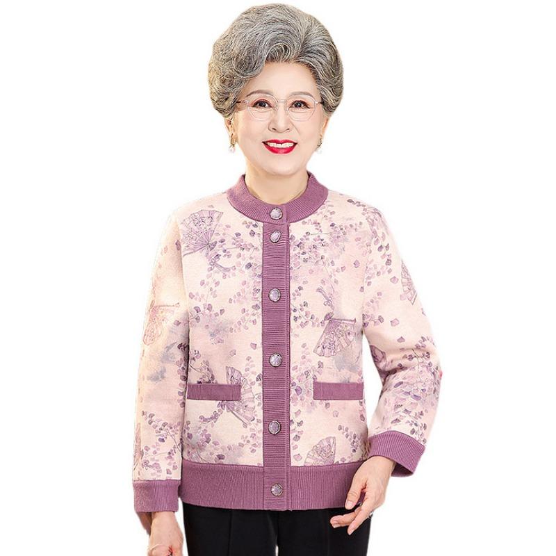 Middle-aged Elderly Sweater Cardigan Grandma Winter Clothes Fleece Thickened Thermal Top Mother Autumn and Winter Coat Women