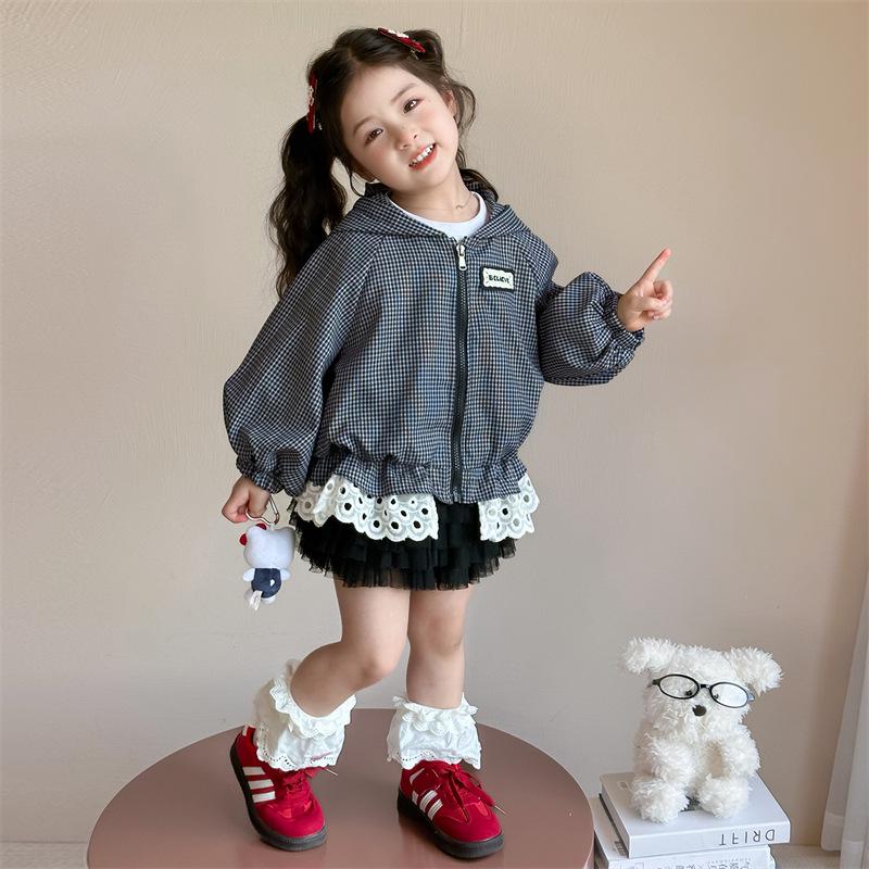 Girls' Plaid Lace Trim Hooded Jacket - Fall 2025 Korean Style