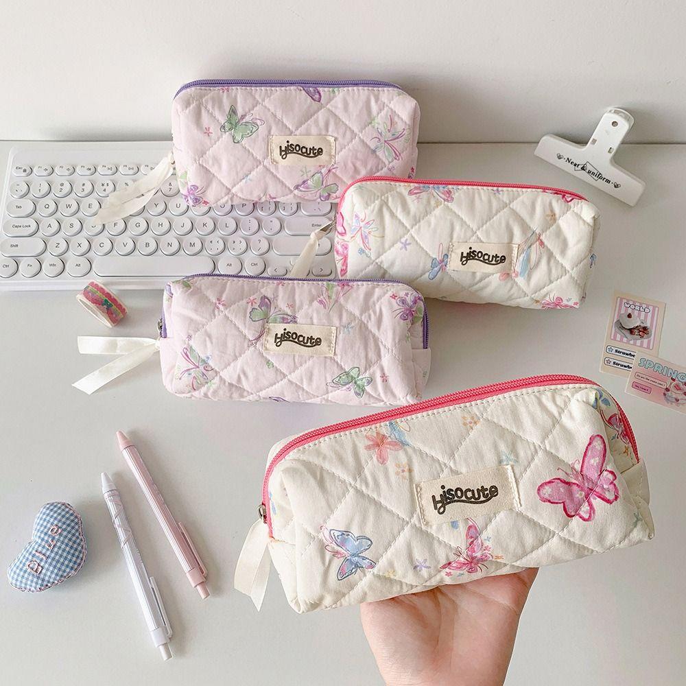 Quilted Pen Pouch Butterfly Printing Cosmetic Bag Fashion Pen Bag  Girls Gift