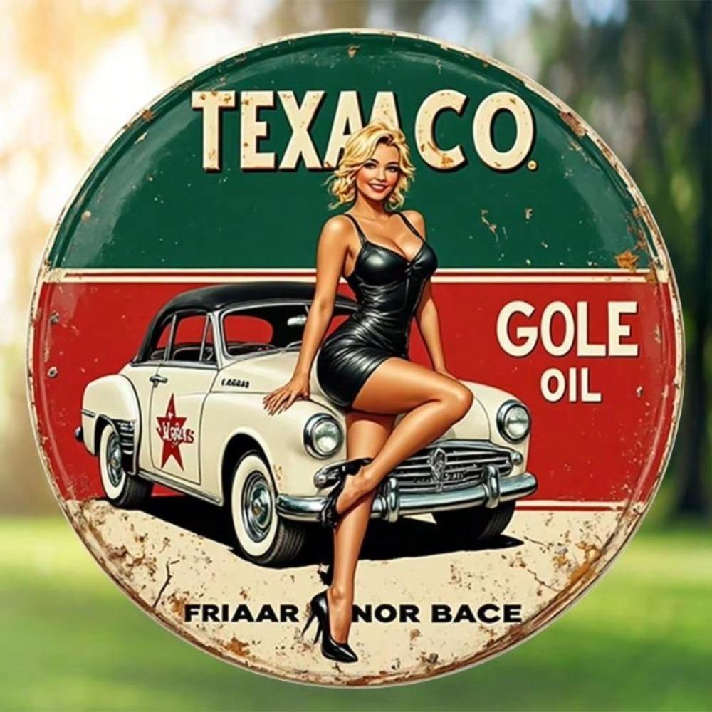 Retro Texaco Oil Metal Tin Sign Wall Decor Aluminum Round Wall Art Vintage 8 Inch