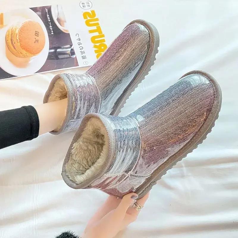 Fashion Flat Waterproof Round Toe Tabi Booties Shoes for Woman Silver Ankle Women's Snow Boots Boot Female New Rock Spring 2024 Gothic