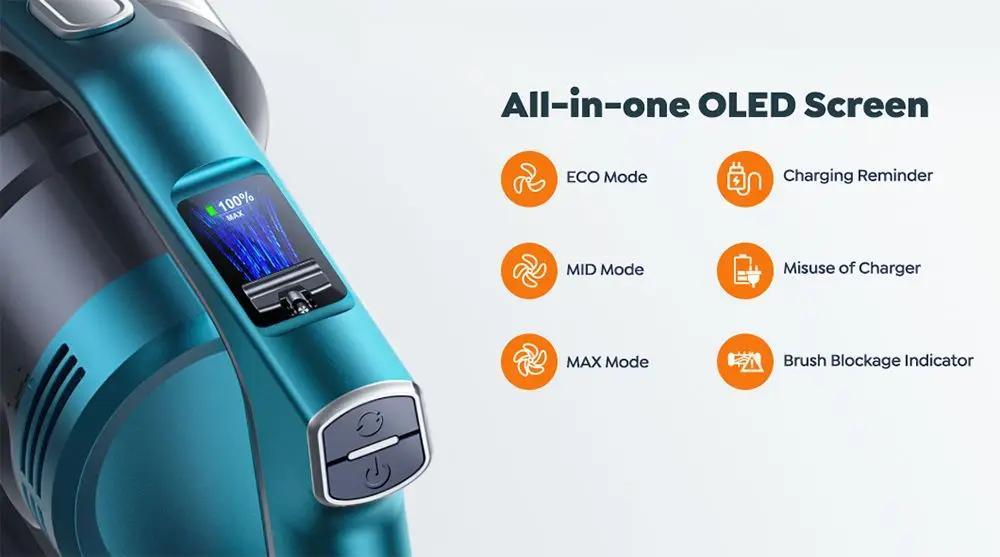 VC60 Smart Cordless Vacuum Cleaner, 38kPa Suction, 55min Runtime, HEPA Filtration, Smart OLED Display, 7*2500mAh lithium battery, 4-5 Hours charges