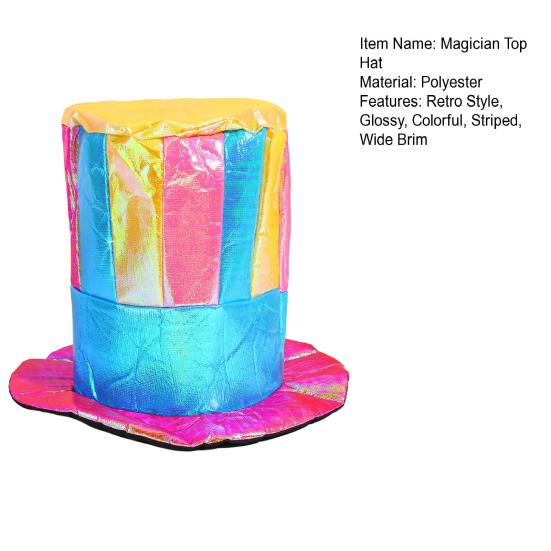 Circus Clown Stage Prop Magician Top Hat, Colorful Glossy Wide Brim Retro Striped Strong Durable Polyester Hat for Halloween Costume, Mardi