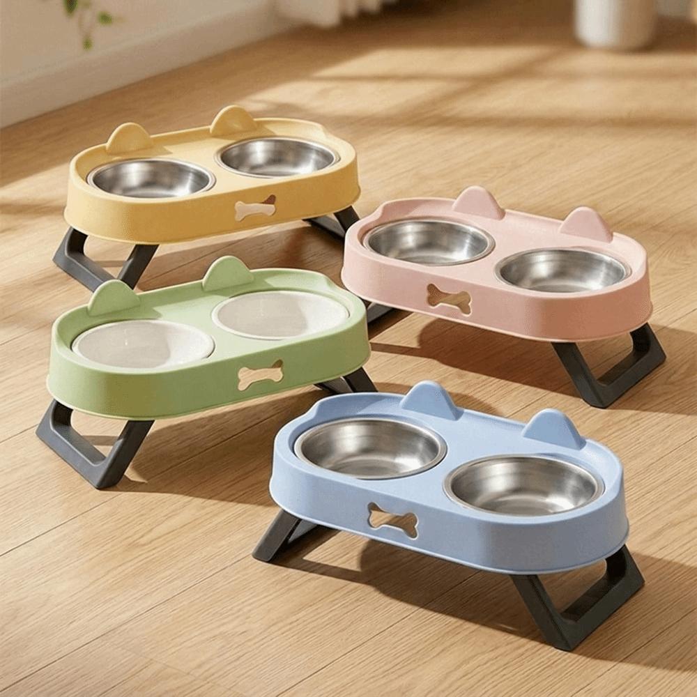 Double Bowl Raised Pet Feeder Stainless Steel Cat Feeding Dish Cat Bowl with Stand For Small Dogs