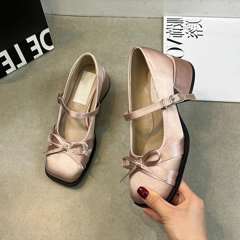 Fashion Women Shoes 2025 Spring Mary Jane Fashion Butterfly-knot Square Toe Satin Women's High Heels Buckle Elegant Pumps Shoe Wedding
