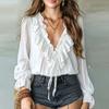 Eleganti Bluse da Donna a Maniche Lunghe Bianche con Volant Colore Unico Scollo a V Casual Quotidiane Camicie Primavera Autunno Top da Ufficio