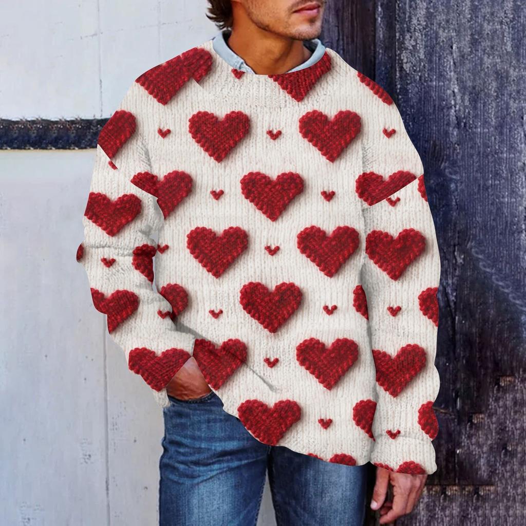 Men's Fashion Casual Long Sleeves Valentine's Day Gentle Printed Crewneck Wool Knitted Flower Imitation Sweater Crewneck Hoodie Loose Long Sleeves