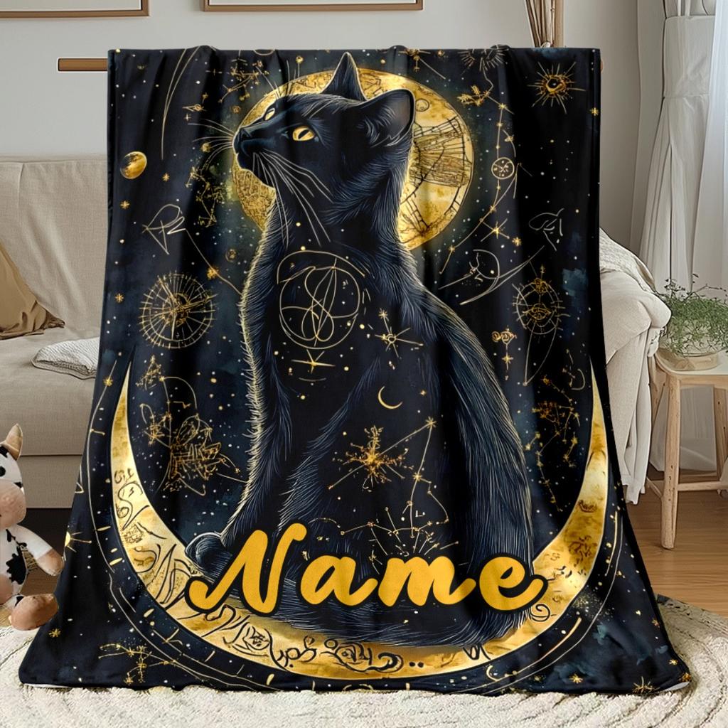 Black Cat On Moon Flannel Throw Blanket Celestial Witchy Star Constellation Cat Blanket
