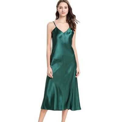 Damen Satin Nachthemd Langes Unterkleid Schlafkleid Seide V-Ausschnitt Nachtwäsche Einfarbig Nachtwäsche
