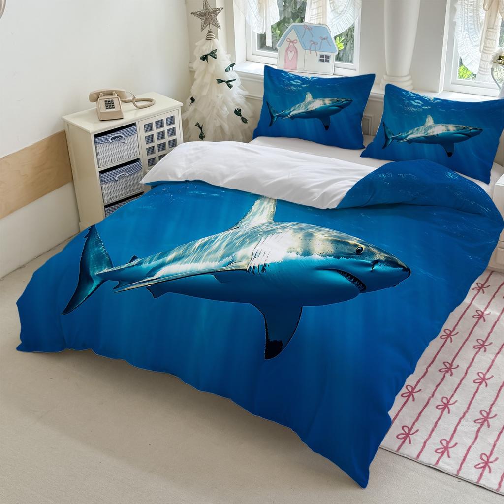3pcs Shark Print Bedding Set - Blue Ocean Theme for Bedroom Decor Polyester Machine Washable All-Season Comfort Machine Washable