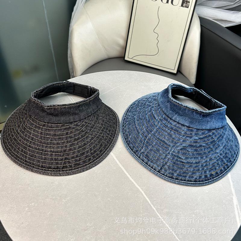 Retro simple washed denim empty top hat, large brim, sun protection, small face, versatile fisherman hat tide
